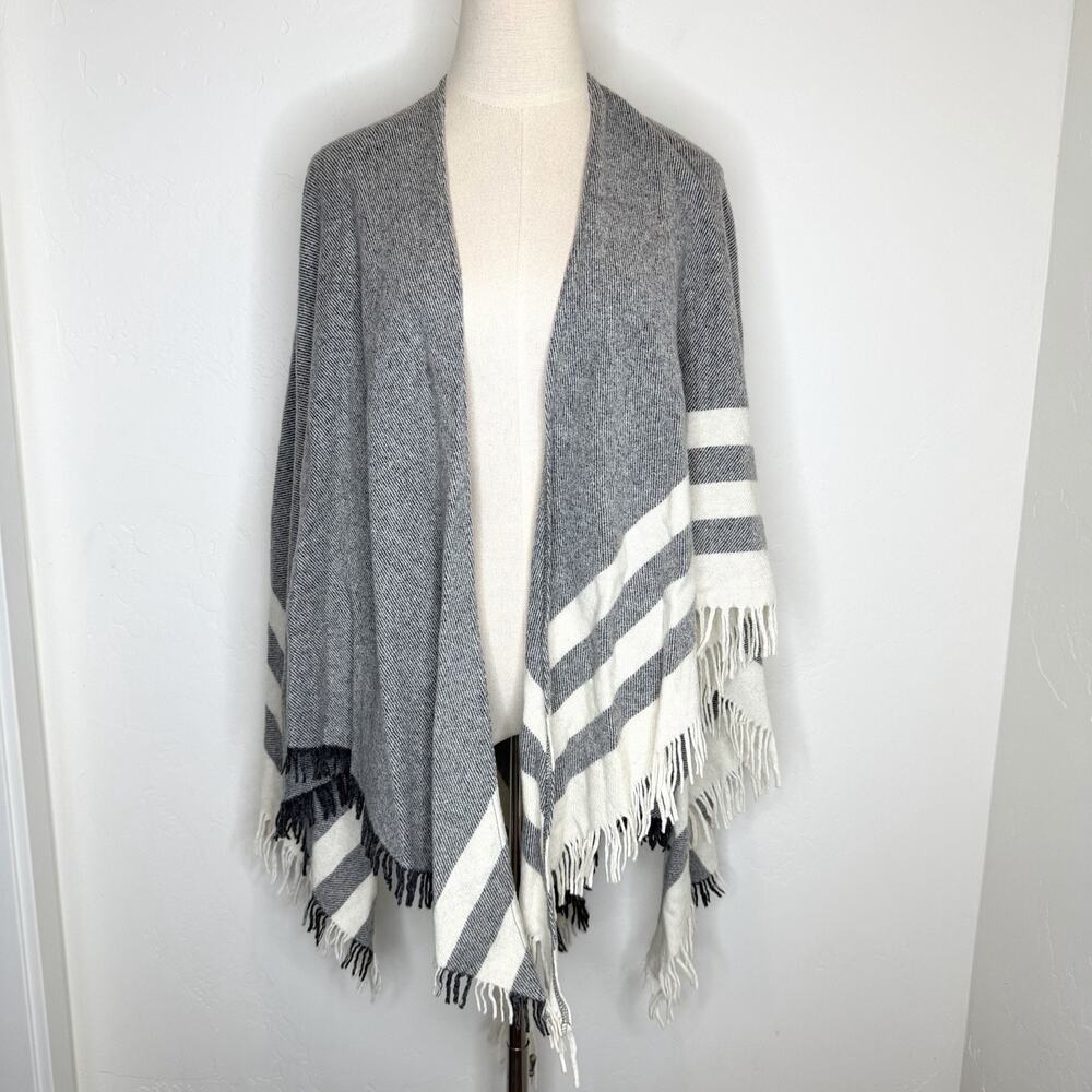 Luisa Brini Italy Wool Poncho Womens One Size Gray Striped Fringe